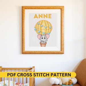 Baby Elephant Hot Air Balloon Cross Stitch PDF – Yellow Balloon Nursery Decor, Custom Name Pattern, Baby Shower Gift, DIY Embroidery