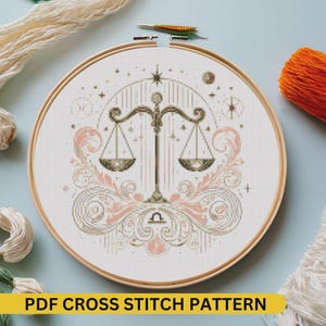 Libra Cross Stitch Pattern | Zodiac signs Printable PDF | Easy Stitching Guide | DIY Craft, Unique Home Decor | Pattern Keeper Compatible