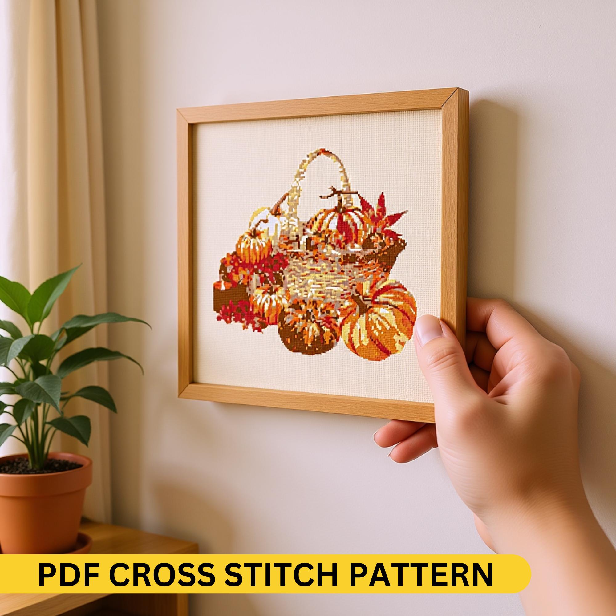 Autumn Harvest Basket Cross Stitch Pattern – Fall Pumpkin Embroidery ...