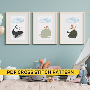 Ocean Whale Cross Stitch PDF Cute Sea Creature Pattern for Nursery DIY Embroidery Project Thoughtful Gift for Expecting Parents