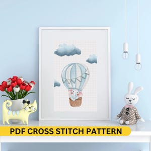 Baby Boy Nursery Cross Stitch Pattern Baby elephant in Blue Hot Air Balloon PDF Charming for Newborn Room Decor