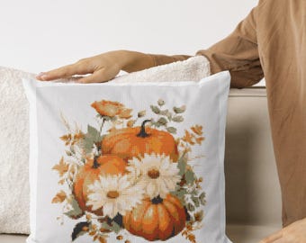 Thanksgiving Pumpkins & Flowers Cross Stitch | Autumn PDF Pattern | Easy Fall Embroidery | DIY Holiday Decor | Pattern Keeper Compatible