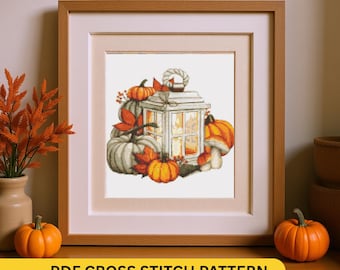 Autumn Lantern Cross Stitch Pattern PDF | Cozy Fall Embroidery with Pumpkins & Leaves | DIY Home Decor | Pattern Keeper Compatible