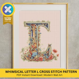 Floral Alphabet Cross Stitch Pattern | Whimsical Embroidery Letter L | DIY Monogram Initials | Digital Download | Pattern Keeper Compatible