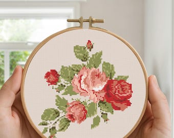 Vintage Roses Flower Cross Stitch Pattern | Antique Victorian Floral PDF | X-Stitch Design Instant Download Gift for Her