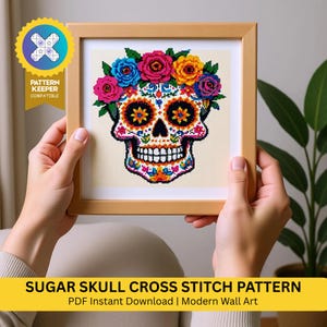 Wzór haftu krzyżykowego w formacie PDF: Calavera dia de los muertos, haft krzyżykowy z czaszką, haft liczony na Halloween, dzień zmarłych, meksykański haft z czaszką z cukru