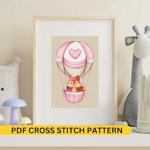 Baby Girl Nursery Cross Stitch Pattern Baby Fox in Hot Air Balloon PDF file Charming for Newborn Room Decor Baby shower gift