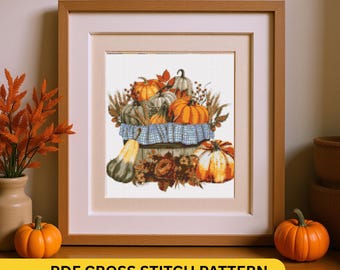 Autumn Pumpkin Basket Cross Stitch PDF Pattern | Fall Harvest Embroidery Cozy Rustic Home Decor Thanks Giving | Pattern Keeper Compatible