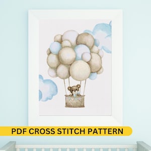 Baby Bear charming ride in  Hot Air Balloon Cross Stitch Pattern  for Nursery Room Wall Art PDF file Unique Baby Welcome Gift