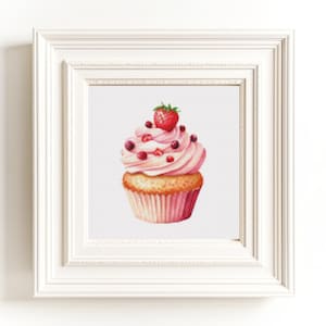 Aardbeicupcake-ontwerp in pdf-kruissteekpatroon, gemakkelijk te volgen handwerkschema, creatief handgemaakt cadeau voor bakkers