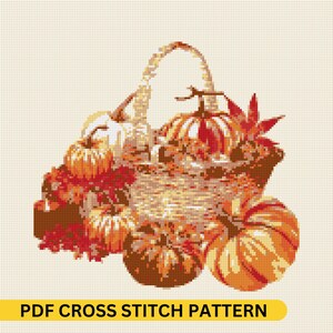 Autumn Harvest Basket Cross Stitch Pattern – Fall Pumpkin Embroidery ...