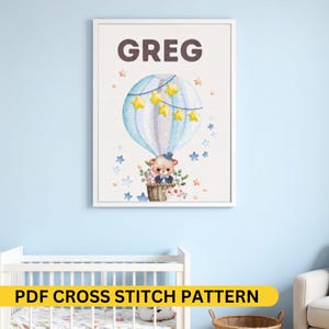 Personalized Hot Air Balloon Bear Cross Stitch PDF – Custom Name Nursery Decor, Baby Shower Gift, DIY Embroidery Pattern Download