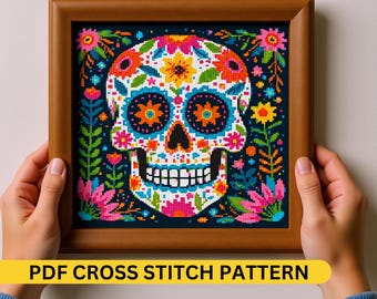 Calavera dia de los muertos cross stitch pattern PDF, skull cross stitch, halloween counted,day of the dead, sugar skull mexican stitch