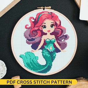 Cute Mermaid Cross Stitch Pattern | PDF Instant Download | Fantasy Embroidery | DIY Home Decor | Ocean Theme Needlework Craft | Nursery room