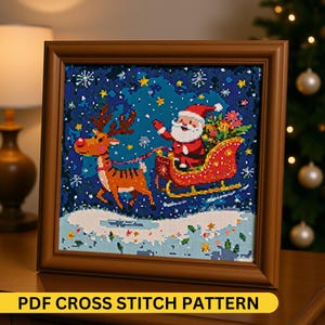 Santa & Reindeer Cross Stitch Pattern PDF - Christmas DIY Embroidery, Festive Sleigh Scene, Instant Download, Holiday Decor Gift