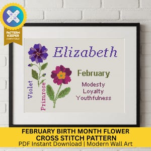 Personalized February Birth Month Flowers Cross Stitch Pattern PDF | DIY Gift Idea | Birthday Printable | Pattern Keeper Compatible PDF