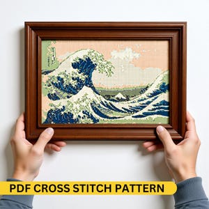 De grote golf van Kanagawa door Katsushika Hokusai Kruissteekpatroon meesterwerk kunst in kruissteek Pdf Beroemd schilderij