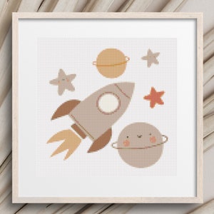 May include: A gray rocket ship with brown accents flies through space with a yellow planet, a gray planet with a happy face, and several stars. The rocket ship has a flame coming out of the back.