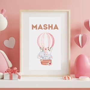Personalized name Baby Nursery Cross Stitch Pattern, Baby elephant in Pink Hot Air Balloon PDF, Charming for Newborn Room Decor