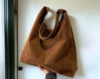 Borsa a tracolla in pelle scamosciata per donne / Borsa a tracolla con manici / Borsa tote in pelle scamosciata / Borsa stile vintage / Borsa per laptop da viaggio da donna / Borsa in pelle