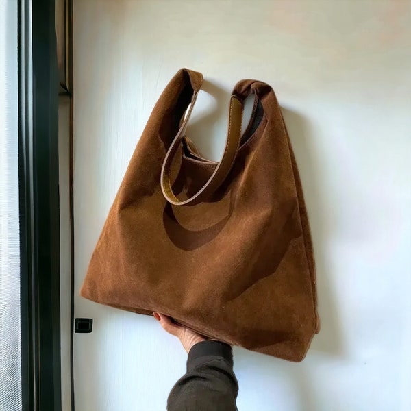 Suede Shoulder Bag For Women | Crossbody Bag With Handles | Suede Tote Bag | Vintage Style Handbag | Womens Travel Laptop Bag | Leather Bag