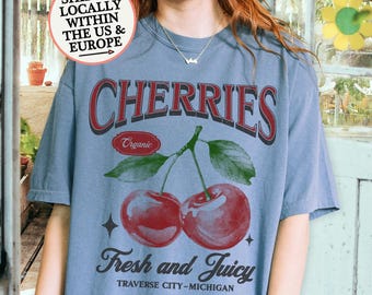 Retro Cherry Shirt, vintage food t shirt, farmers market boho tshirt, nostalgic cherries graphic tee, foodie gifts, fruit lover gift for her