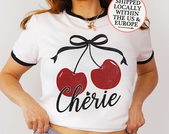 Retro Cherries Ringer Tee, vintage style cherry t-shirt, coquette bow shirt, French style 70s fruit t shirt, cute gift for her