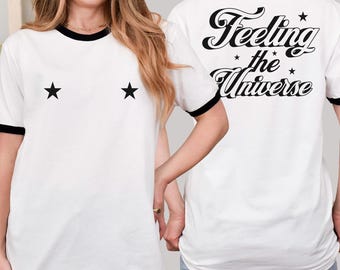 Retro Graphic Ringer Tee, summer festival star shirt, positive vibes universe shirt, 70s groovy spiritual tshirt, vintage style gift for her