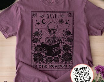The Reader Tarot Shirt: Vintage Linocut Flowers Skeleton Reading Tee, boho floral t-shirt, mystical gift for book lovers