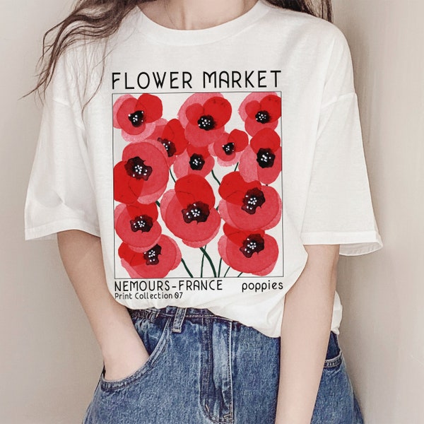 Poppy Flower Market shirt, vintage botanical tee, retro mid-century modern poster t-shirt, trendy boho top, nature lover gift