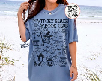 Camiseta Clube do Livro Sereia Bruxa: Camiseta Summerween, camiseta com desenhos para amantes de livros, camiseta de verão para o Halloween, blusa de praia sereia bruxa, presente para leitor(a) ávido(a)