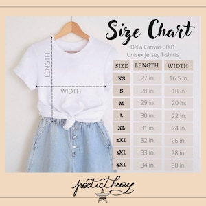 May include: Size chart for Bella Canvas 3001 unisex jersey t-shirts. The chart shows the length and width in inches for sizes XS to 4XL.