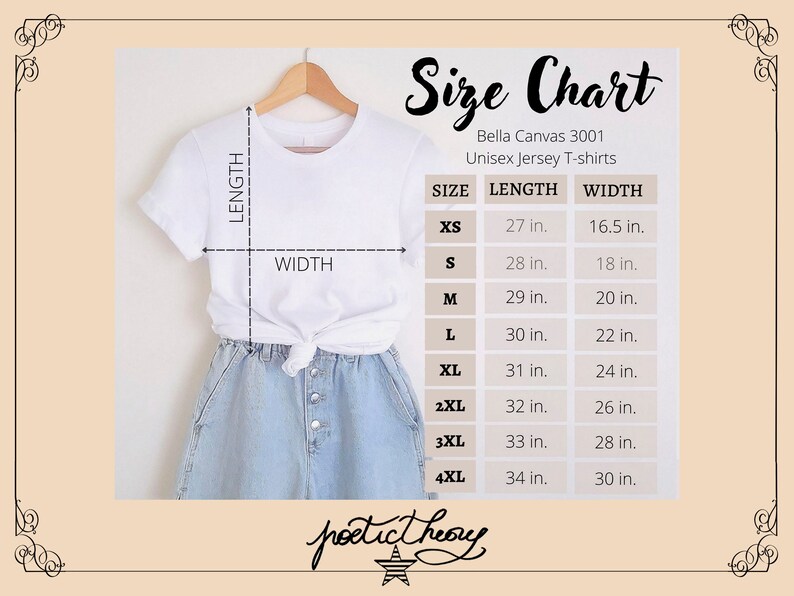 May include: Size chart for Bella Canvas 3001 unisex jersey t-shirts. The chart shows the length and width in inches for sizes XS to 4XL.