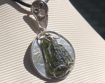 Unique Raw Moldavite  Pendant on Sterling Silver Setting - Handcrafted Gemstone Jewelry For Women