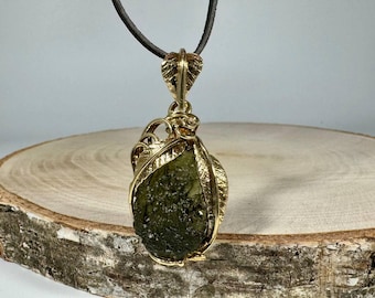 Raw Moldavite Pendant in 14k Yellow Gold-Plated 925 Sterling Silver | Unique Leaf Design Jewelry for Women.