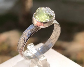 Handmade Moldavite Sterling Silver Ring - Textured Band