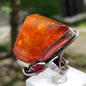 Vintage Baltic Amber Ring in 925 Sterling Silver - Leaf Shape Jewelry Ring Natural Russian Amber Rings For Women