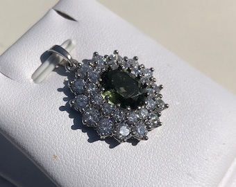 Moldavite Necklace in 925 Sterling Silver with Zirconium Stones Around. Meteorite / Tektite / Vltavin.