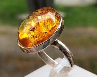 Designer Baltic Amber Ring: 925 Sterling Silver, Yellow Amber Jewelry