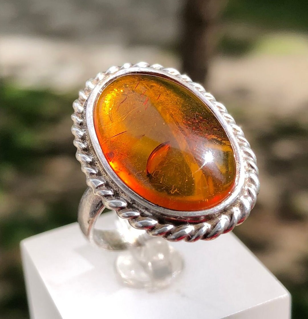 Vintage Baltic Amber Ring: Brown Sterling Silver Jewelry