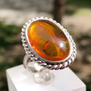 Vintage Baltic Amber Ring in 925 Sterling Silver - Brown Spectacular Amber Jewelry Natural Amber Rings For Women