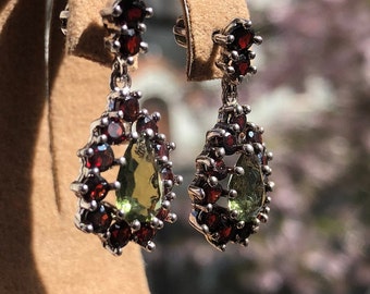 Genuine Moldavite - Garnet Earrings in 925 Sterling Silver. Jewelry Earrings Tektite  Meteorite Vltavin Stones. Earrings For Women.