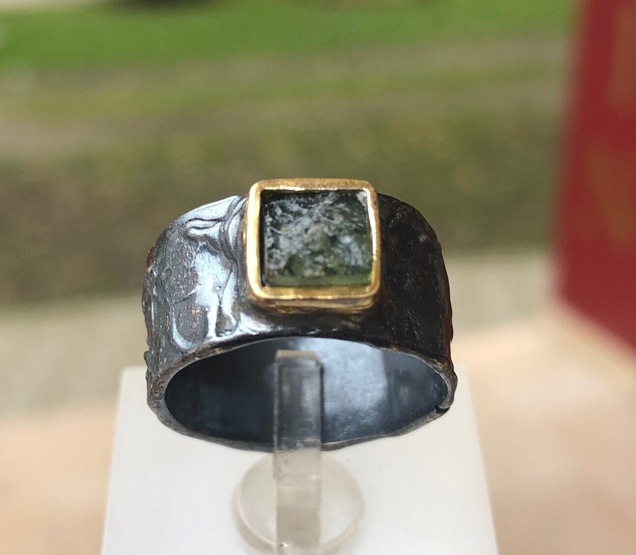 Moldavite Brutalist Ring in 925 Silver and 24k Gold - Unisex Moldavite and Textured Silver.