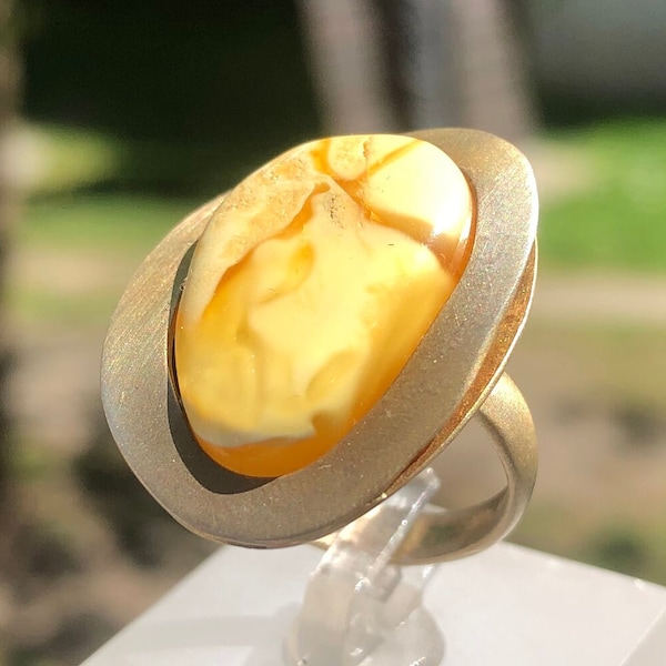 Oval Amber in Gold Plated 925 Silver Ring | Handcrafted Women's Jewelry