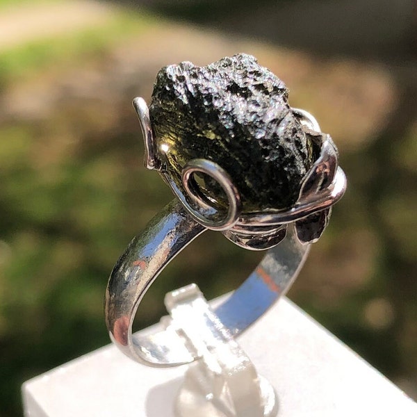 Handmade Moldavite Ring in 925 Sterling Silver, Melting Silver Jewelry Ring With Moldavite Gem. Meteorite, Tektite, Vltavin Ring For Women.