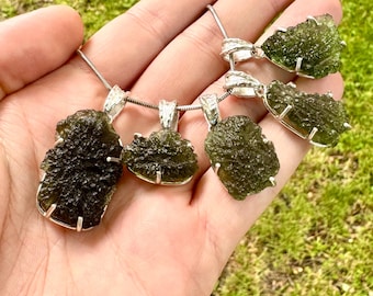 Raw Moldavite Pendant: Genuine Czech Tektite, Sterling Silver Setting