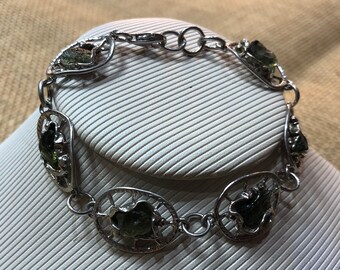 Bracelet artisanal en pierre de moldavite brute : bijoux en argent sterling 925