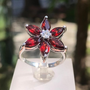 Sterling Silber Ring Blume: Almandin & Pyrop Granat Schmuck