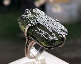 Handcrafted Moldavite Ring, 925 Sterling Silver, Meteorite Gemstone