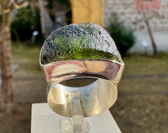 Genuine Moldavite Sterling Silver Ring -  Unisex Moldavite and Silver Ring.